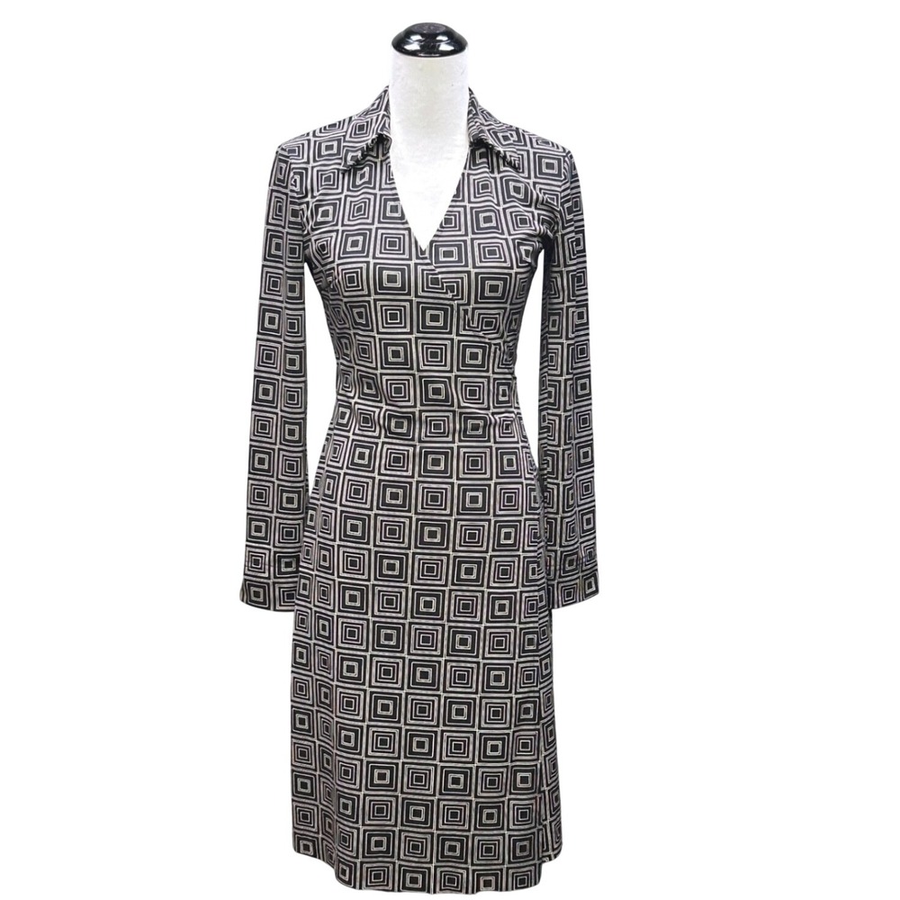 Express Wrap Dress Women 3/4 Black Geometric Retro Long Sleeve Mod Office